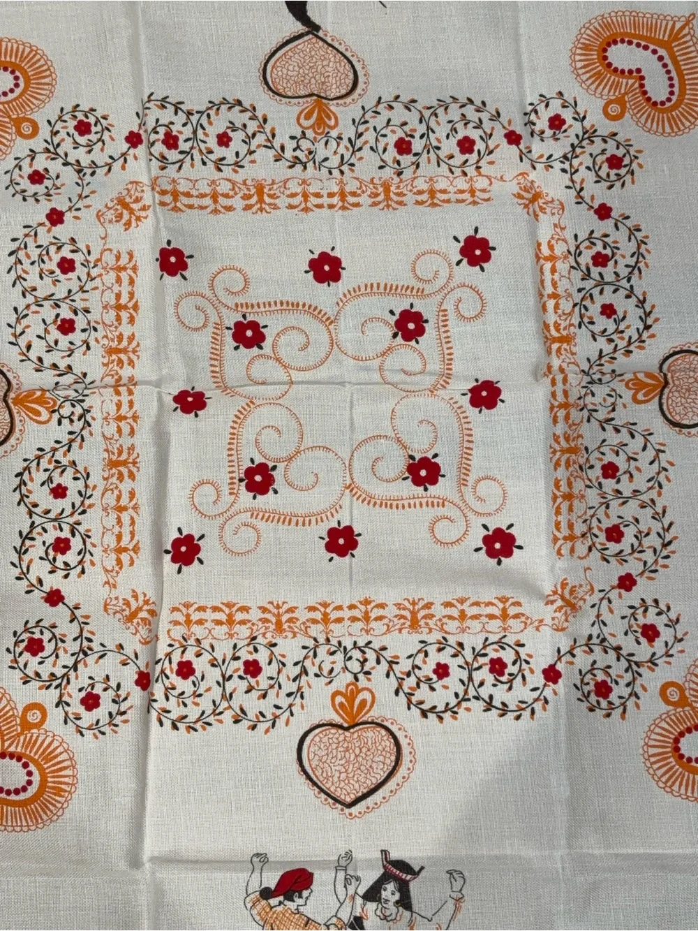 Vintage Rooster Print Kitchen table cloth in Red, Orange, Yellow, Black 56x56